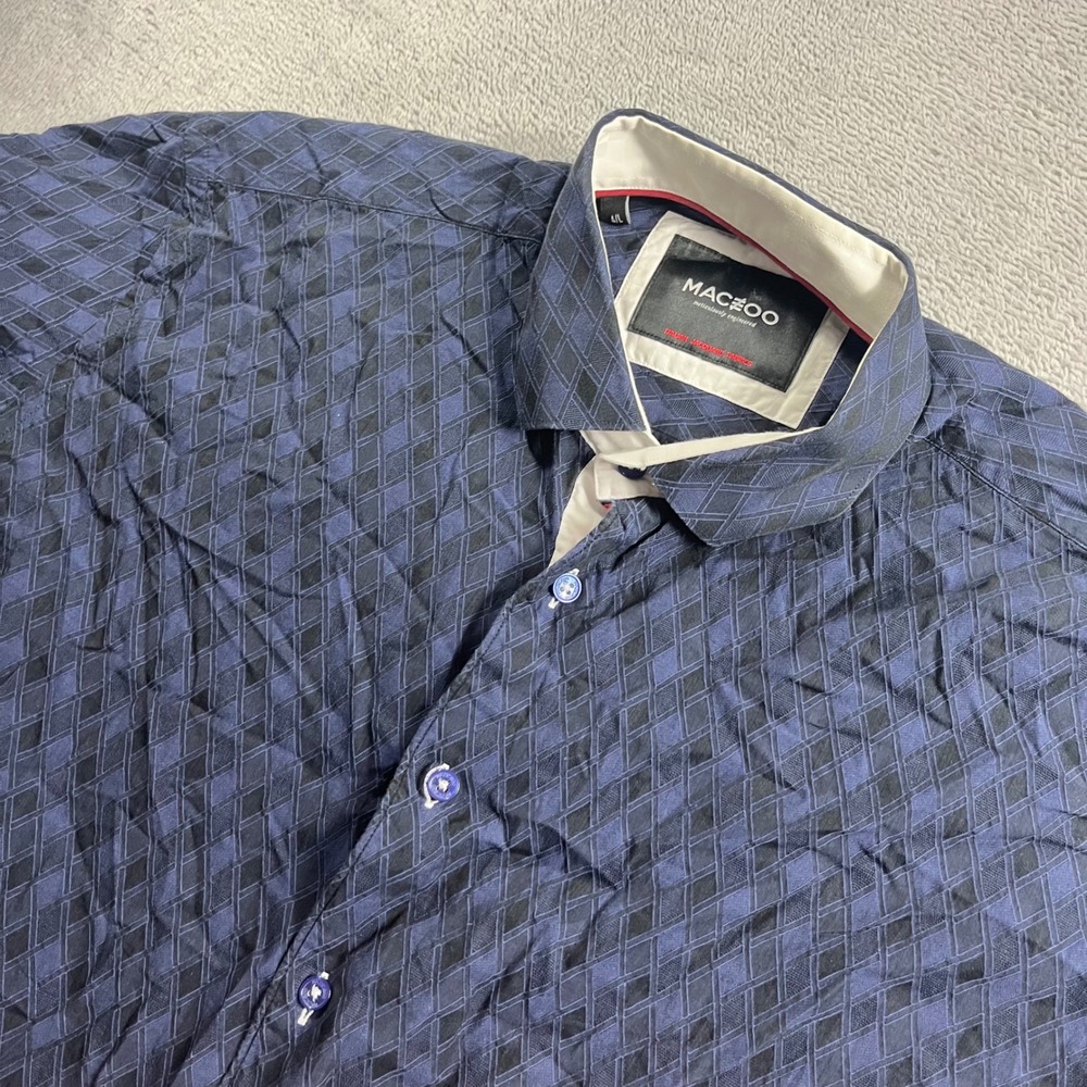 Maceoo Mens Navy Blue Italian Jacquard Geometric Short Sleeve Button Down 4XL